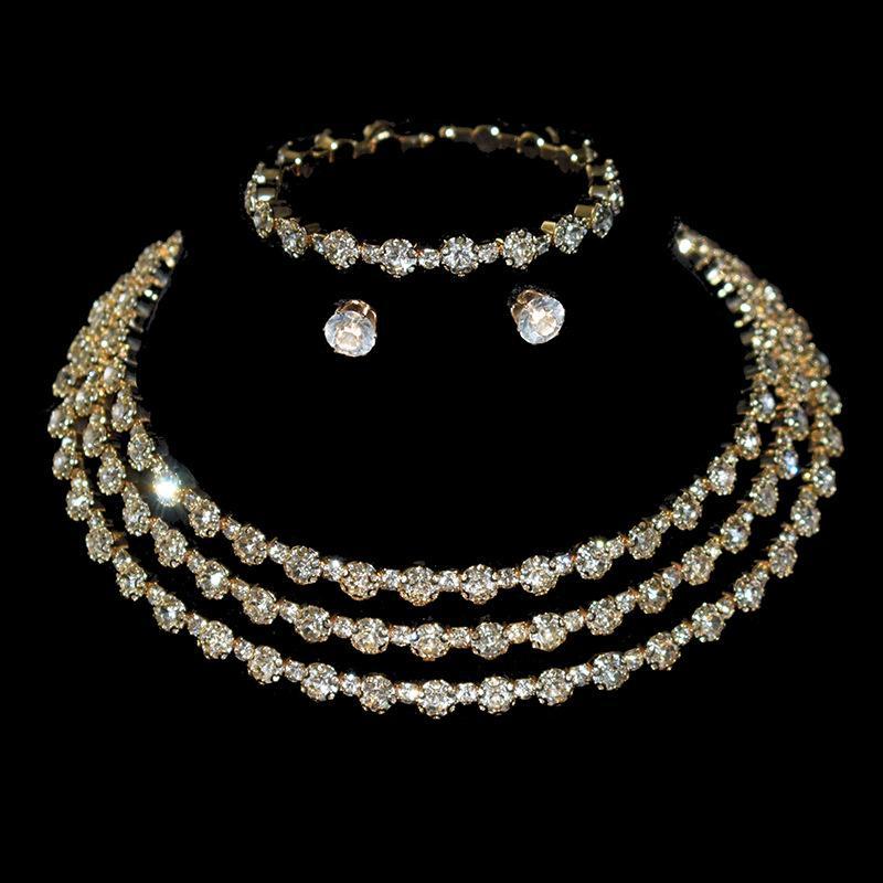Europe and the United States cross-border diamond necklace earrings ring bracelet four-piece Water steel wire Diamond exaggerated collar bride set
